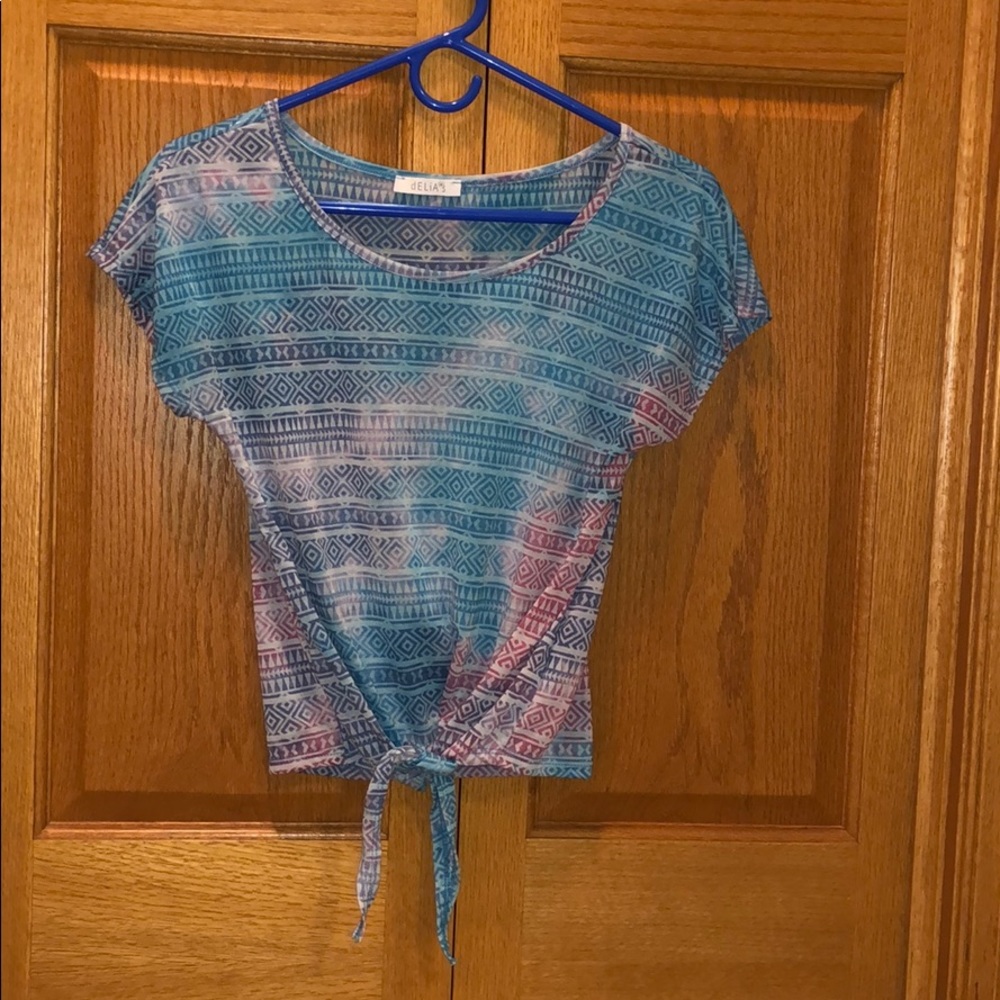 Blue and pink pattered tie up shirt